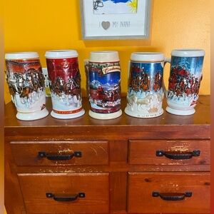 Collection of 5 Budweiser Holiday Beer Steins